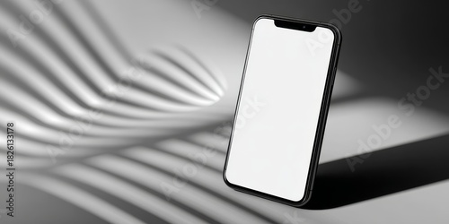 Floating smartphone with white screen mockup. Mobile app user interface presentation. Modern technology display for advertisement and branding.