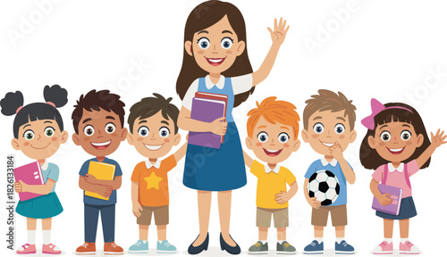 Cute diverse children standing with friendly female teacher, happy school kids group illustration, education learning teamwork classroom cartoon scene