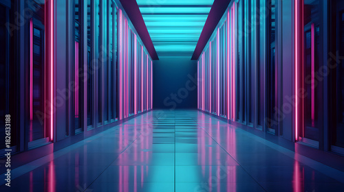 Cyber Corridor: A futuristic, neon-lit corridor of data servers, bathed in cool blue and vibrant pink light, hinting at the vast digital world and technological innovation within.