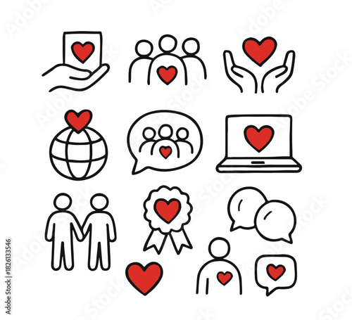 Spread love and support with these icons of kindness, togetherness, and heartfelt connections for social awareness