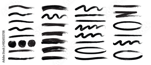 Chalk lines, charcoal highlight strokes doodle set. Brush collection isolated on white background. Trendy brush stroke for black ink paint, grunge backdrop, dirt banner