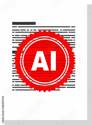A document with the red seal of AI, the concept of theft of ideas by a neural network, copyright infringement by artificial intelligence, labeling of generated text and plagiarism.