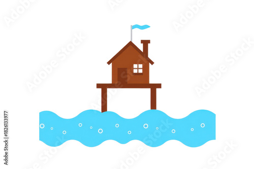 a simple flat 2D icon of 'climate adaptation strategy', with a house icon built on high stilts above water waves, minimalist design, solid brown and blue colors, clean sharp lines, no shadows