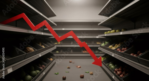 Red arrow showing downward trend in grocery store aisle with mostly empty shelves. Financial crisis and economic decline concept for business.
