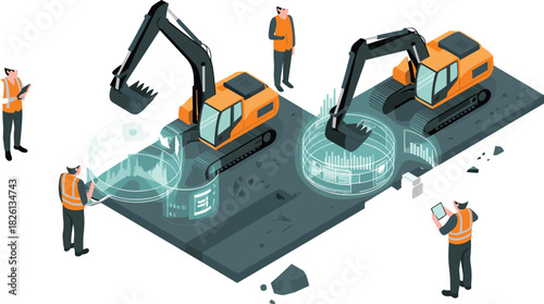 Futuristic construction site with smart excavators, digital hologram analytics, engineering workers using tablets, advanced automation technology, modern industrial innovation concept