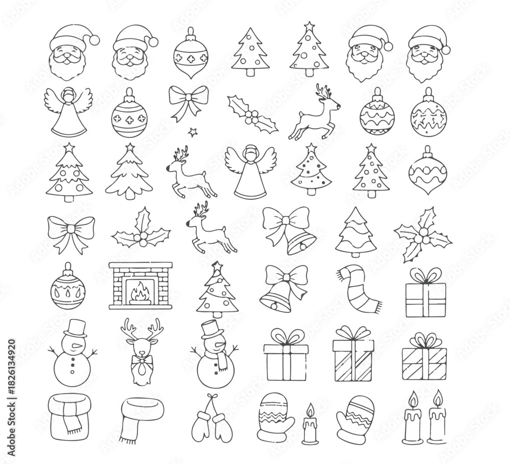 Fototapeta premium Festive Holiday Cheer Set of Christmas Tree, Ornaments, Santa, Angel, and Snowman Doodle Line Art Icons to Spread Joy and Celebration