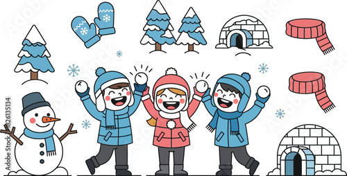 Children joyfully playing snowball fight in winter landscape with snowman and igloo