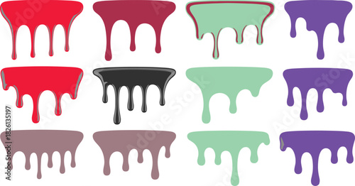 Glossy black dripping liquid vector set with smooth flowing drops, shiny melt shapes, dark slime drip elements for graphic design