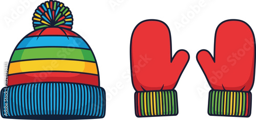 Colorful winter hat and mittens set isolated on a white background design