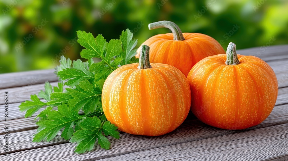 Obraz premium Three vibrant orange pumpkins and a bunch of fresh green parsley are arranged on a rustic wooden table. The background is softly blurred with green foliage, sug