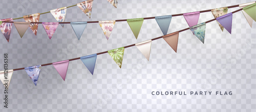 Flag garland with colorful pennant bunting for birthday party decoration. Festive banner with triangle flags on string on transparent background for carnival celebration. 3d vector fun fair decor.
