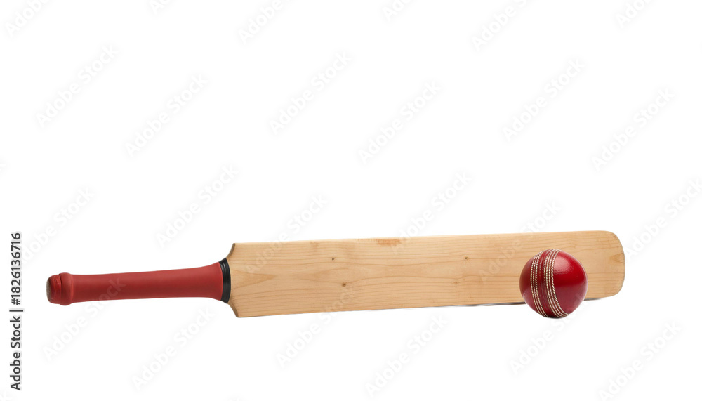 Fototapeta premium A cricket bat and ball set, showcasing the bat's wooden texture and the ball's bright red color and stitching, isolated on white background, transparent background.