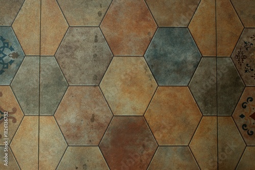 close up of adirty colored hexagon floor tiles