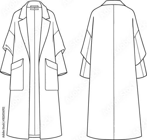 Long oversized coat fashion flat sketch, technical drawing of women outerwear design, vector illustration with wide sleeves, large pockets, long silhouette