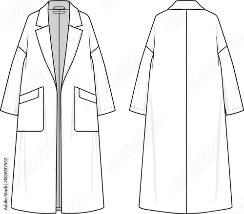 Long oversized coat fashion template with wide lapels and flap pockets, detailed front and back flat sketch, vector garment design illustration