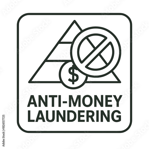 Black and white anti-money laundering icon with pyramid, dollar sign, and prohibition symbol, financial crime prevention concept