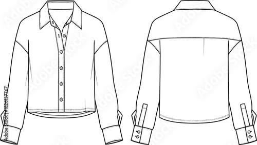 Long sleeve shirt technical drawing, fashion flat sketch, front and back view apparel template, detailed garment outline for clothing designers and illustrators