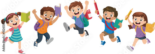 Happy diverse school children jumping with backpacks, books, pencils, joyful kids illustration, education concept, vibrant cartoon character design for learning theme