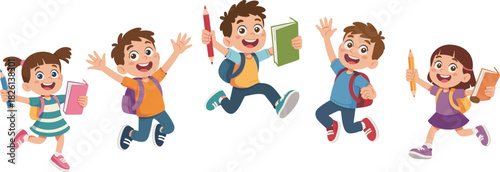 Happy diverse school children jumping with backpacks, books, pencils, joyful kids illustration, education concept, vibrant cartoon character design for learning theme