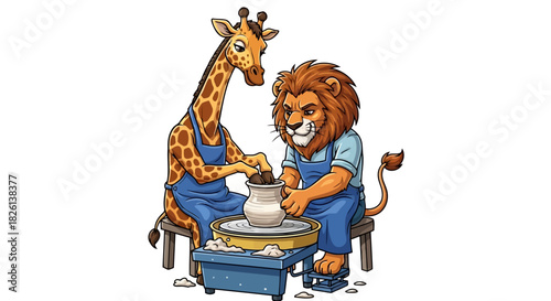 Cartoon lion and giraffe working together on pottery wheel crafting clay pot in workshop setting with aprons on white background