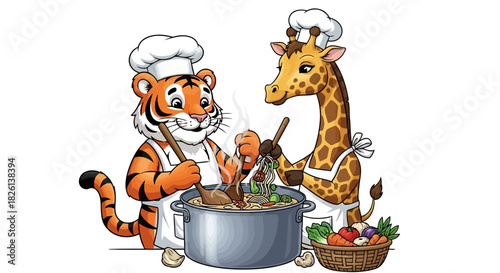 Cartoon tiger and giraffe chefs cooking noodles in large pot wearing chef hats and aprons with fresh vegetables on white background