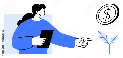 Individual with tablet gesturing at money icon above a seedling. Ideal for finance, investment, growth, sustainability, business strategy, entrepreneurship, eco-friendly innovation. Simple flat