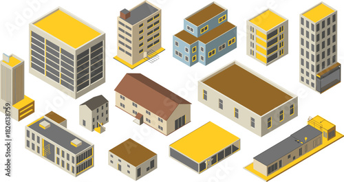 Isometric 3D illustration of various residential and commercial buildings, modern city architecture elements, urban property structures and real estate design collection