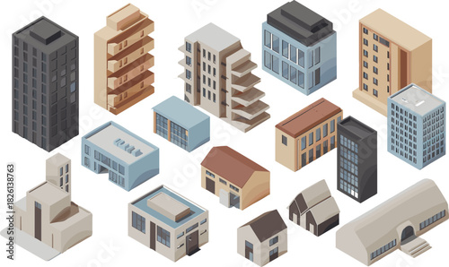 Isometric 3D illustration of various residential and commercial buildings, modern city architecture elements, urban property structures and real estate design collection