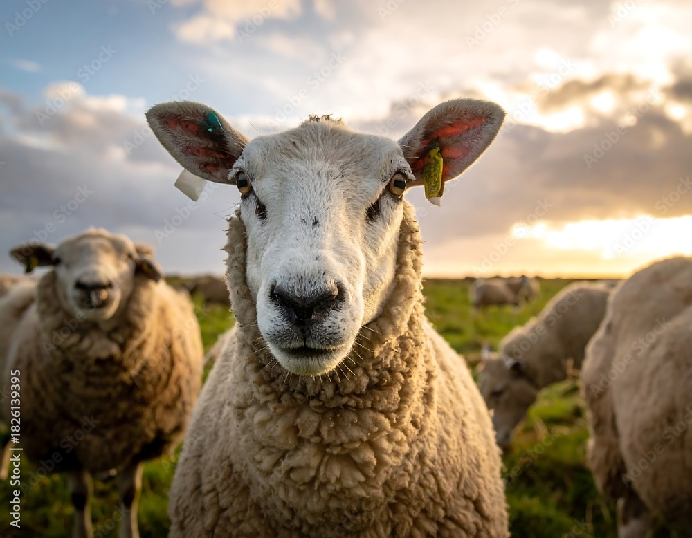 Fototapeta premium Close-up of Sheep in Field at Sunset with Cloudy Sky.
