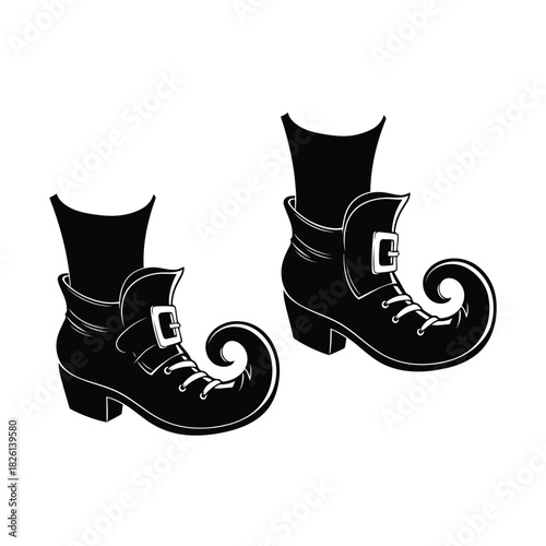Black silhouette of pair of leprechaun boots with curled toe