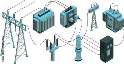 -Isometric electrical substation with power transformers, circuit breakers, transmission poles, control units, high voltage equipment, energy distribution system illustration