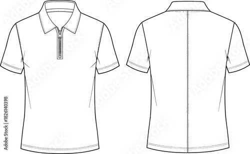 Short sleeve polo shirt fashion flat sketch, technical apparel drawing with zipper placket, vector clothing template for womenswear and casual wear design