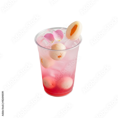 Iced red rose lychee brew tea in a clear glass on white isolated background
