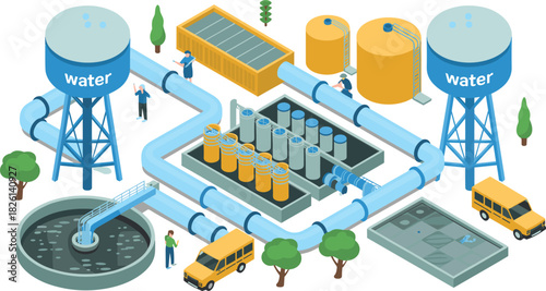 Isometric water treatment plant illustration with filtration tanks, pipelines, purification system, industrial infrastructure