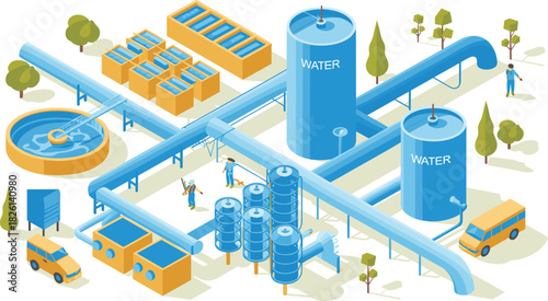 Isometric water treatment plant illustration with filtration tanks, pipelines, purification system, industrial infrastructure