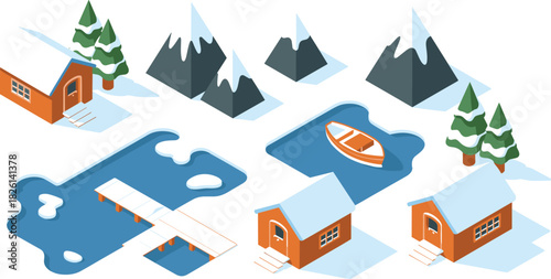 Isometric winter landscape illustration with snowy mountains, frozen lakes, wooden cabins, pine trees, docks, and small boat, cozy holiday scene