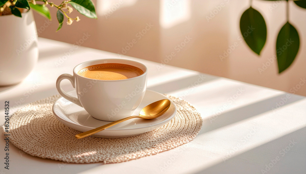 Obraz premium A cup of coffee with a golden spoon on a white table in soft morning light.
