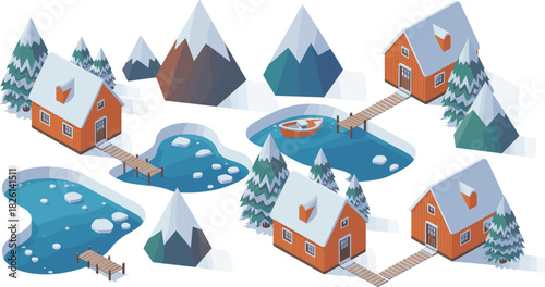 Isometric winter landscape illustration with snowy mountains, frozen lakes, wooden cabins, pine trees, docks, and small boat, cozy holiday scene
