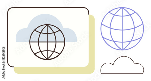 Globe over layered frames and cloud shape emphasizes connectivity, data storage, and global interaction. Ideal for technology, internet, networking, cloud storage, globalization, innovation simple