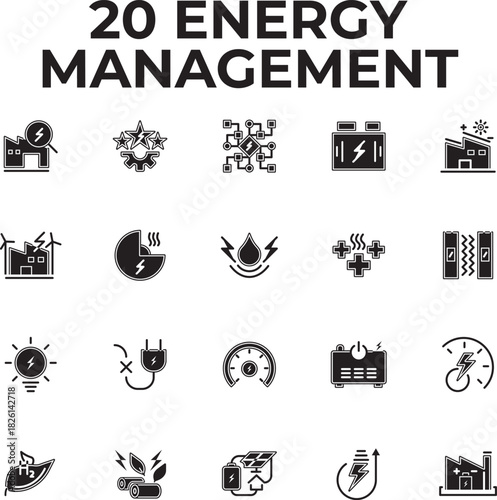 20 solid-fill vector icons for Energy Management, covering renewable power, efficiency, utility monitoring, battery storage, smart grids, and conservation. Perfect for sustainability utility projects.