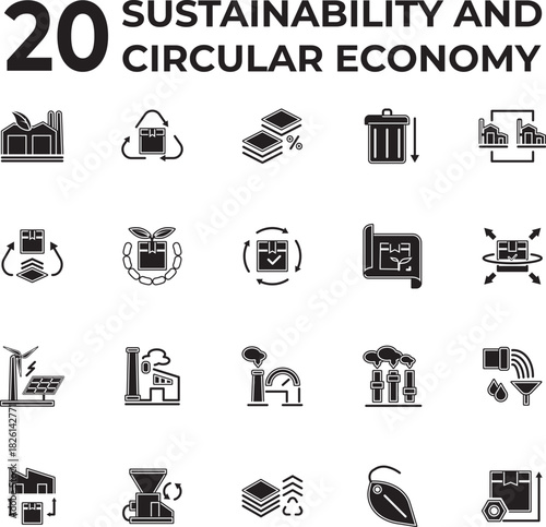 20 solid-fill vector icons for Sustainability and Circular Economy, covering recycling, resource management, waste reduction, renewable energy, and eco-friendly production processes. Green projects.