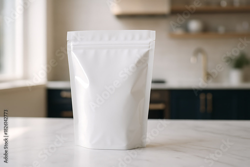White blank stand-up pouch doypack bag with zipper closure on a bright kitchen counter for coffee food supplement powder packaging mockup