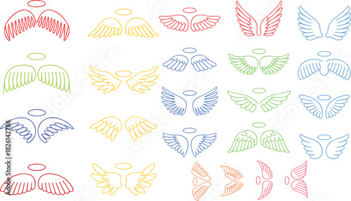 Minimalist angel wings line art collection, halo wing icons set, spiritual symbolism, elegant outline illustrations, celestial graphic design elements
