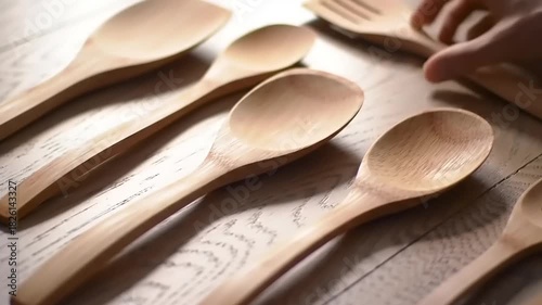 Wooden kitchen utensils on wood table.