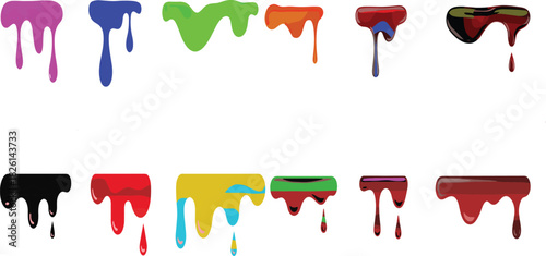 Realistic red dripping blood vector effect with glossy liquid drops, horror graphic design element for Halloween decorations