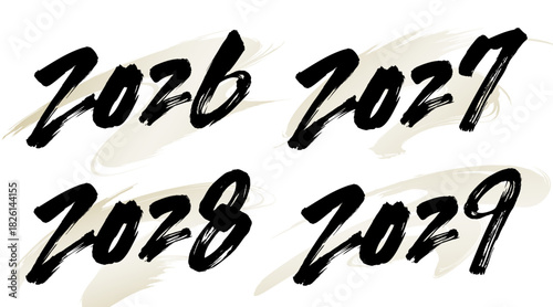 2026、2027、2028、2029と書いた筆文字と背景用の筆模様のベクター素材のセット