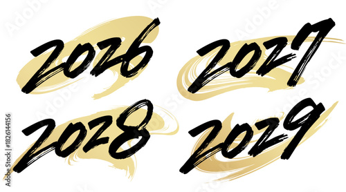 2026、2027、2028、2029と書いた筆文字と背景用の筆模様のベクター素材のセット