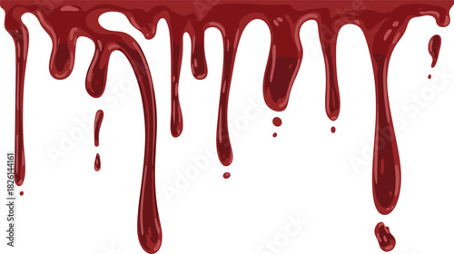 Red dripping liquid vector background with glossy blood drops, flowing stain elements, horror paint drip effect for graphic design decoration
