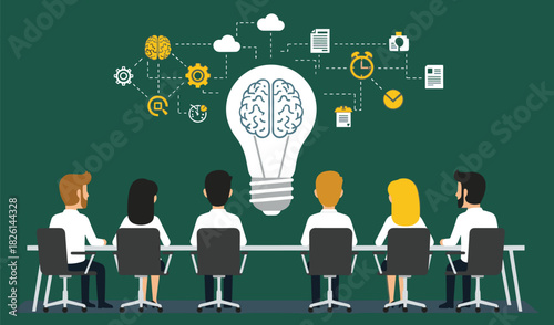 Business team brainstorming creative ideas with lightbulb concept, innovation strategy meeting, teamwork collaboration, planning process, productivity icons and communication illustration