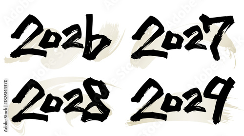 2026、2027、2028、2029と書いた筆文字と背景用の筆模様のベクター素材のセット